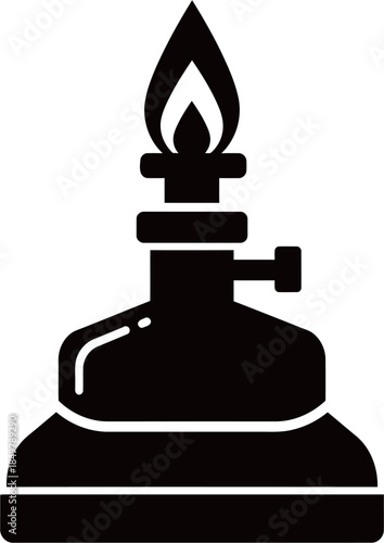 Black silhouette icon of a laboratory spirit lamp burner with flame for chemistry and science education concepts