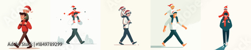 vector of happy father walk carrying his son on his shoulders at Christmas