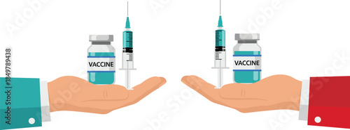 Vaccine refusal illustration, syringe and vial, rejecting hand gesture, public health issue, CAD drawing, flat vector, concept art