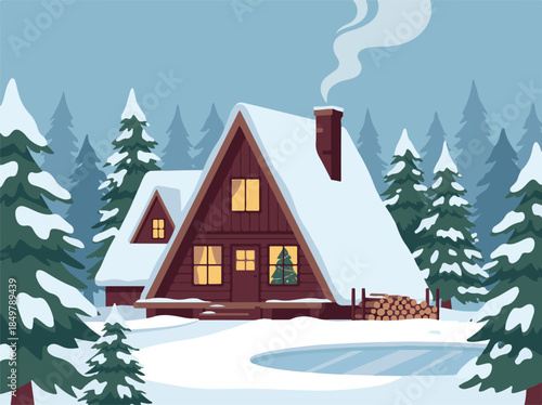 Cozy A-frame cabin in a snowy winter forest at night with warm lights