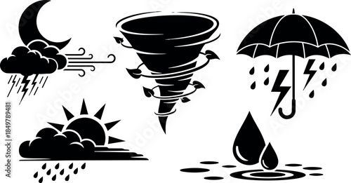 Black and white icon set of weather elements showing thunderstorm tornado rain umbrella raindrops and sun partly cloudy with rain