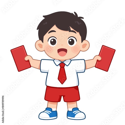 Excited schoolboy holding red books isolated