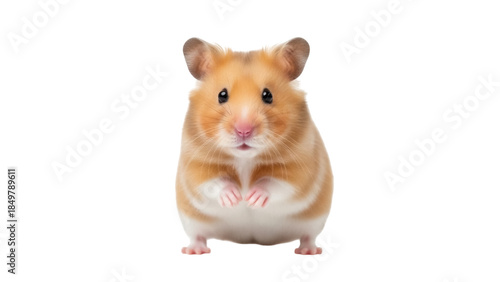 Isolated golden hamster stands upright looking forward, a charming, small pet rodent on display