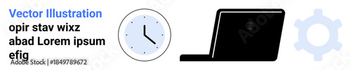 Time management, workflow optimization, technology integration, efficiency, productivity, task management. Clock, laptop and gear icon arrangement. Time management and workflow optimization concept