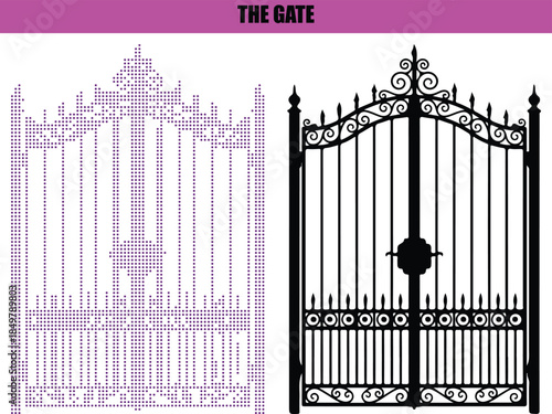 Abstract dotted line art of gate, black silhouette vector illustration, modern minimal entrance design isolated on white background for digital, print, and creative projects