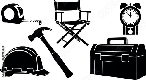 Black silhouette flat design set with hammer measuring tape hard hat toolbox director chair and alarm clock on white background