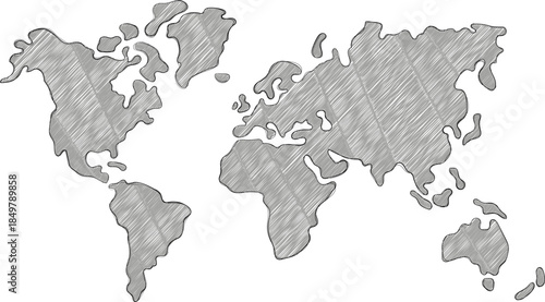 World map drawing showing global continents and geography