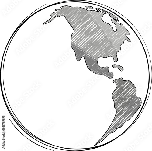 Earth globe line art drawing showing America continent
