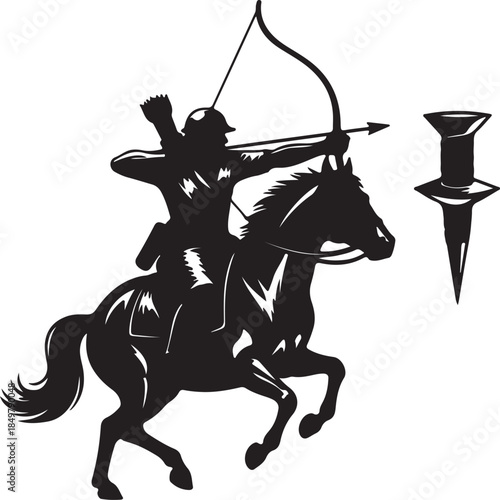 Silhouette of fantasy female archer on tree branch aiming bow and arrow, warrior elf woman in forest, hunter shooting pose vector illustration