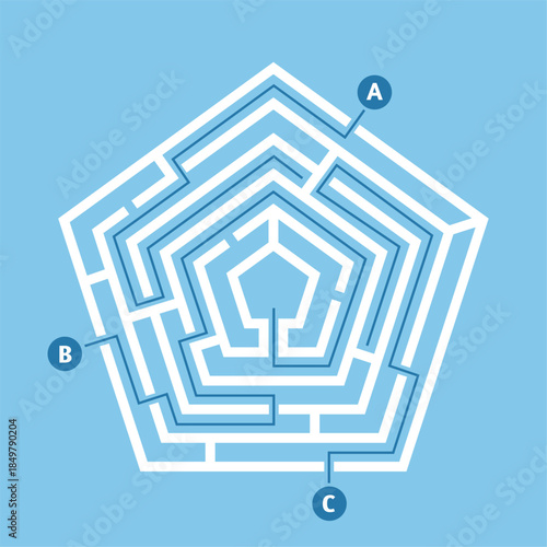 Pentagon maze illustrating finding solution and direction