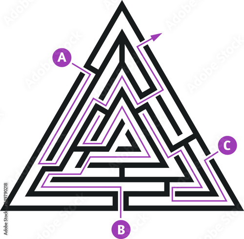 Triangular maze showing multiple paths and solution finding