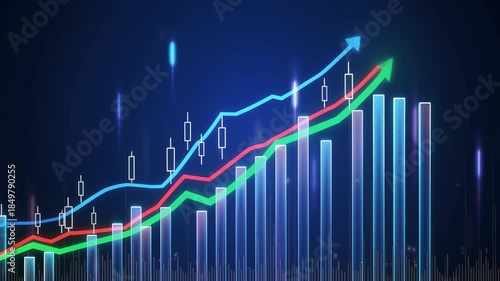 Bull market chart analysis with increasing bar graph,candlestick chart,and upward trend lines
