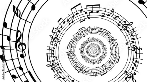 Abstract Musical Spiral Vector: Hypnotic Vortex of Notes and Staff Lines