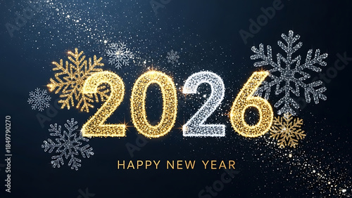 happy new year 2026, new year 2026, 2026 celebration, sparkling numbers, glitter text, festive design, winter holiday, dark blue background, snowflake background, falling snow, shining snowflakes, 