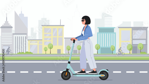 Stylish young woman riding a modern electric scooter through a vibrant city street, showcasing eco-friendly urban commuting and a contemporary lifestyle
