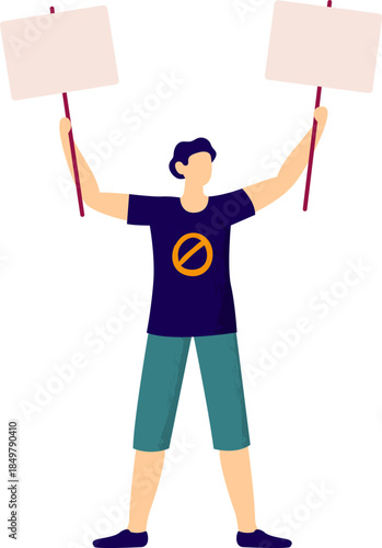 Person protesting with empty signs and prohibition symbol
