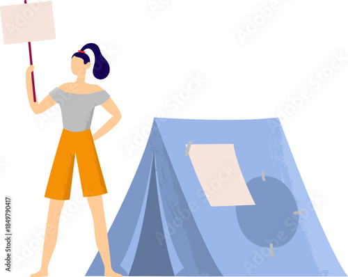 Woman protesting holding sign standing by tent