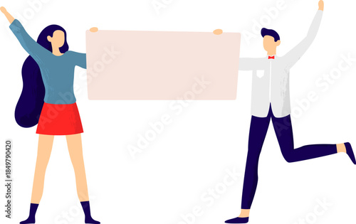 People holding blank sign celebrating achievement or announcement