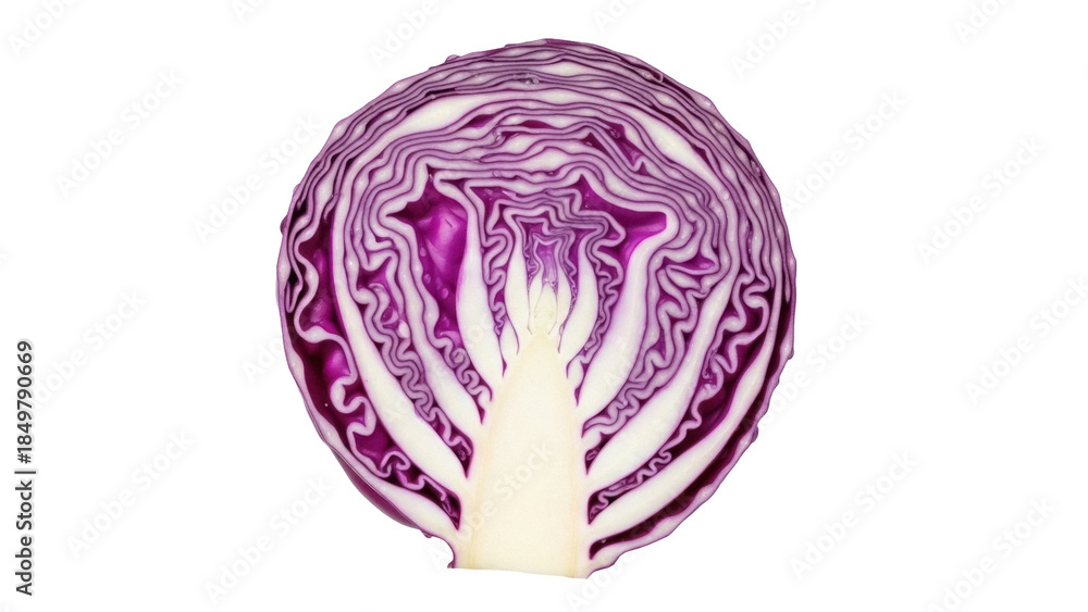 Obraz premium Isolated half slice of red cabbage with organic layers, healthy vegetable for salad prep
