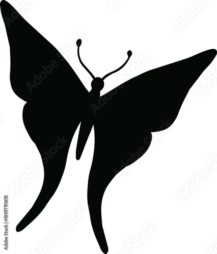 Butterfly flying with wings spread black silhouette