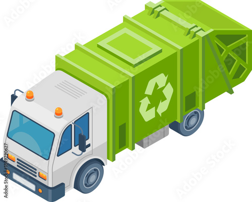 Green isometric garbage truck with recycling symbol