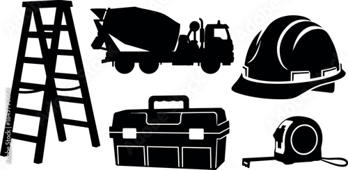 Black silhouette collection of construction ladder cement mixer helmet toolbox measuring tape tools isolated