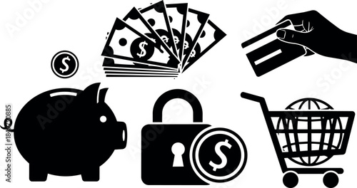 Black silhouette piggy bank with flying money hand holding credit card shopping cart and lock symbol financial icons vector art