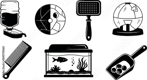 Black and white flat design vector icons of aquariums fish tank earth globe and grooming comb set collection