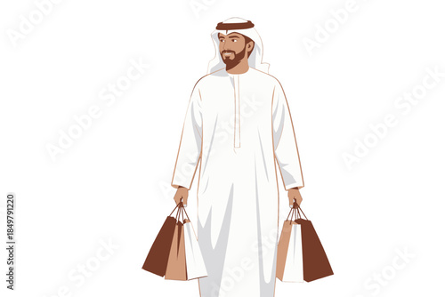 Man in traditional Arab clothing holding shopping bags