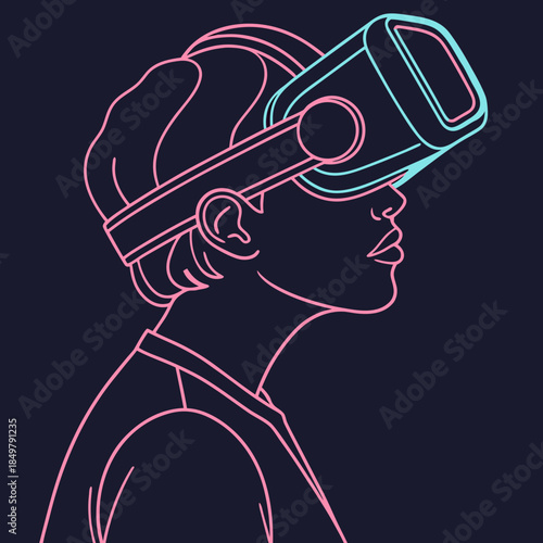 Futuristic Neon VR Headset Icon. Glowing Profile View Mixed Reality Goggles Vector.