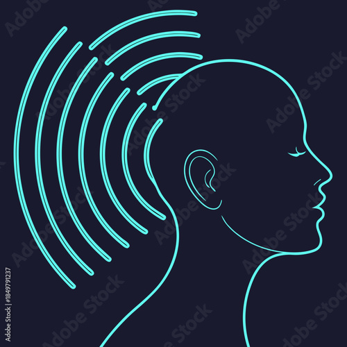 3D Spatial Audio Icon. Neon Head Silhouette with 360 Surround Sound Waves Vector.