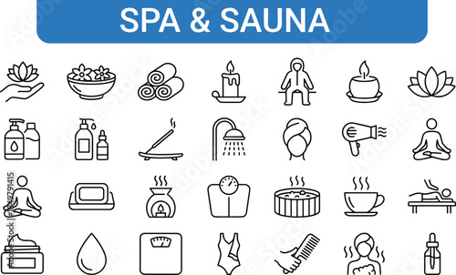 Spa and sauna line icons set, wellness relaxation beauty therapy symbols, editable stroke flat vector illustration collection