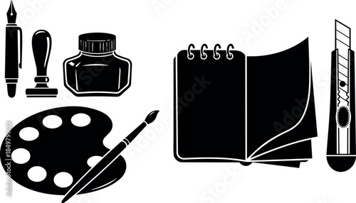 Silhouette icon set of art supplies including pen, ink bottle, paint palette with brush, sketchbook, and cutter knife tools