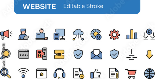 Website line icons set, editable stroke web interface symbols, cloud security analytics ecommerce media navigation flat vector illustration collection design