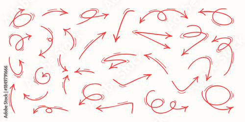 A collection of thin hand-drawn curvy arrows, loops, swirls, and dynamic marker-style pointers. Vector design elements for notes, presentations, planners, and playful graphics.