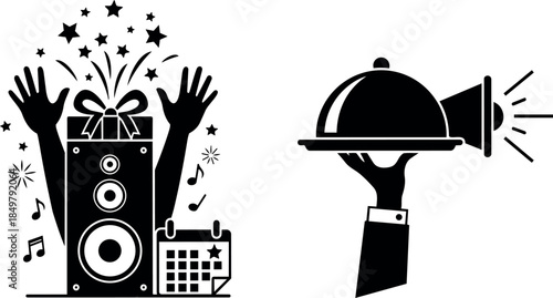 Black and white silhouette dj speaker with hands raised and serving tray with cloche and megaphone vector icons