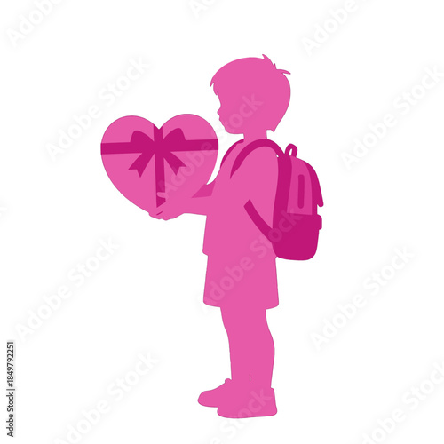 Silhouette of a schoolboy holding a heart-shaped gift.