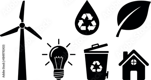 Black silhouette icons of wind turbine light bulb recycling bin water drop leaf and eco house energy saving concept