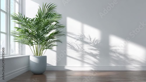 Interior Scene with Potted Plant by Bright Window Casting Leaf Shadows on a White Wall and Warm Brown Hardwood Flooring