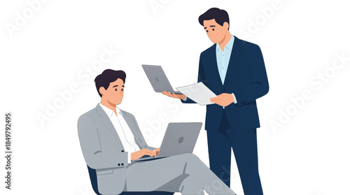 Two businessmen discussing work on laptops