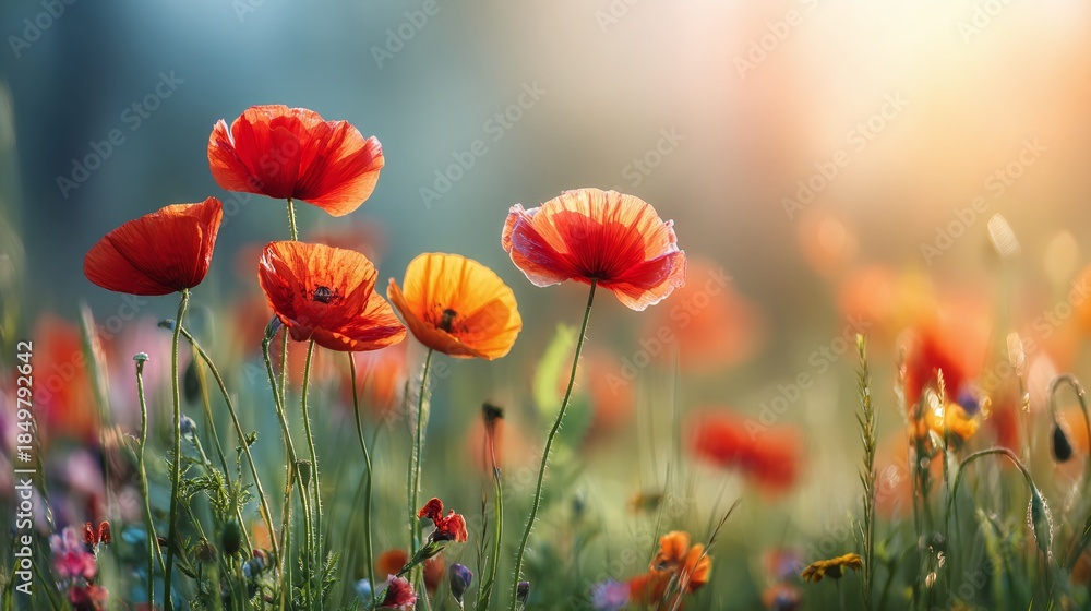 Obraz premium A vibrant poppy field glows in the soft sunlight, with red and orange petals dancing in the breeze, creating a picturesque scene. Nature's colorful display.