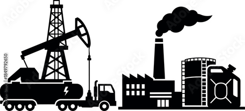 Silhouette industrial oil rig pumping truck near factory with smoke stacks and fuel tanks vector illustration