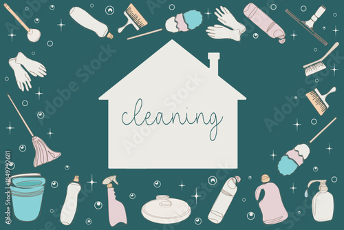  Vector illustration featuring various household cleaning tools and supplies arranged around a house silhouette.