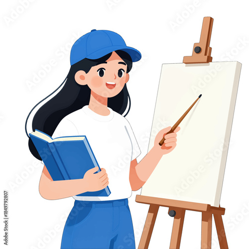 Young female artist painting on canvas while holding a book