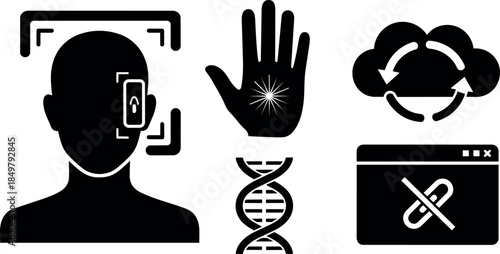 Black simple icons biometric face recognition hand scan dna cloud sync browser security technology concept