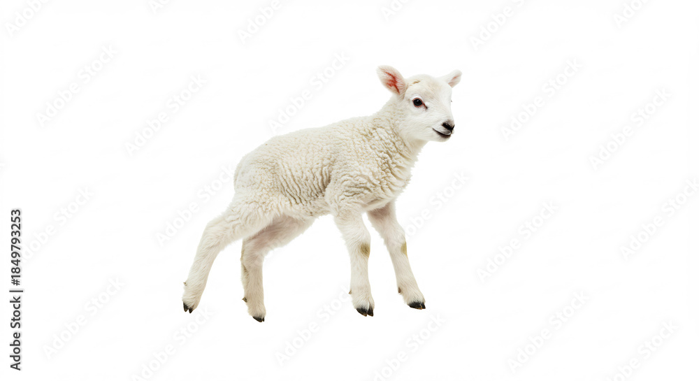 Fototapeta premium Un adorable agneau nouveau-n� pose avec une fourrure douce et blanche sur un fond immacul� baign� de lumi�re vive. AI Generated