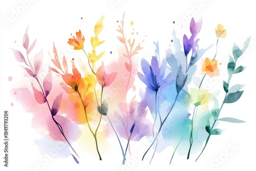 Colorful watercolor wildflowers against white background for nature and art themes
