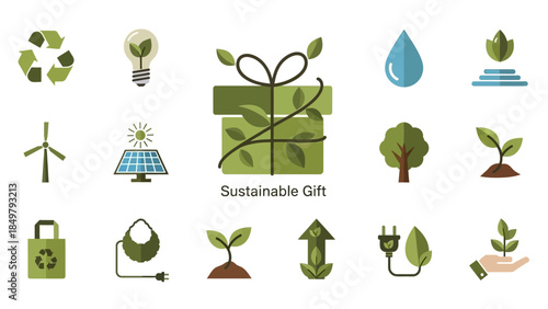 Sustainable Gift Icons Set for Eco Friendly.