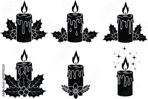 Set of black candle silhouettes with holly leaves festive Christmas icons isolated on white background vector illustration collection design