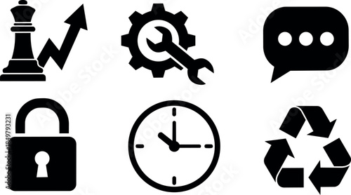 Black silhouette icons of chess strategy, gear settings, chat bubble, locked padlock, clock time, and recycling symbol in flat vector style